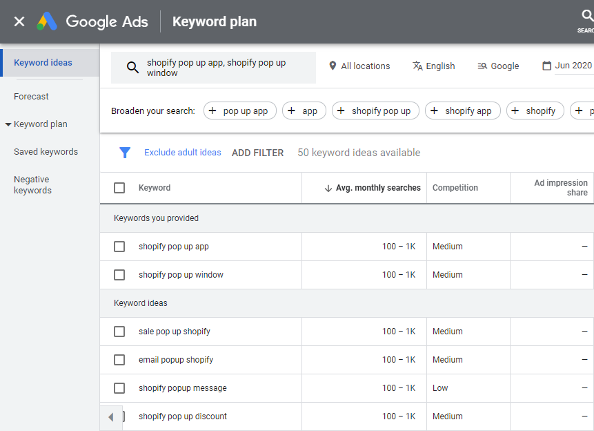 Keyword planner results